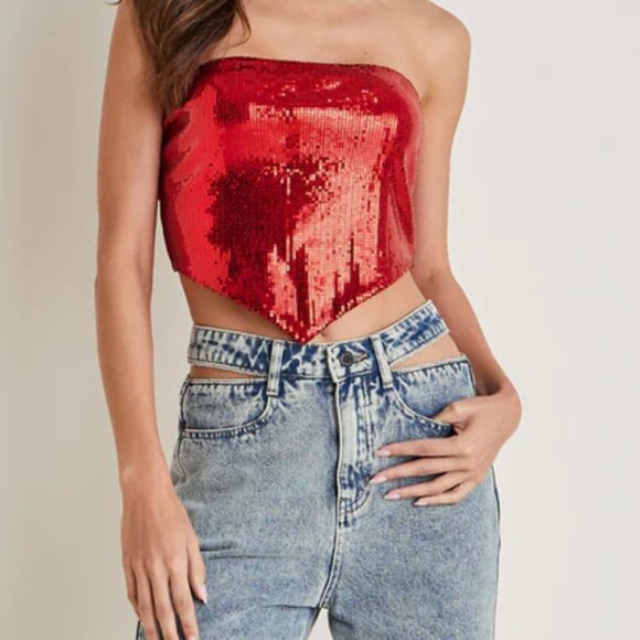 Red Sequin Strapless Halter Top NWT - Picture 4 of 5